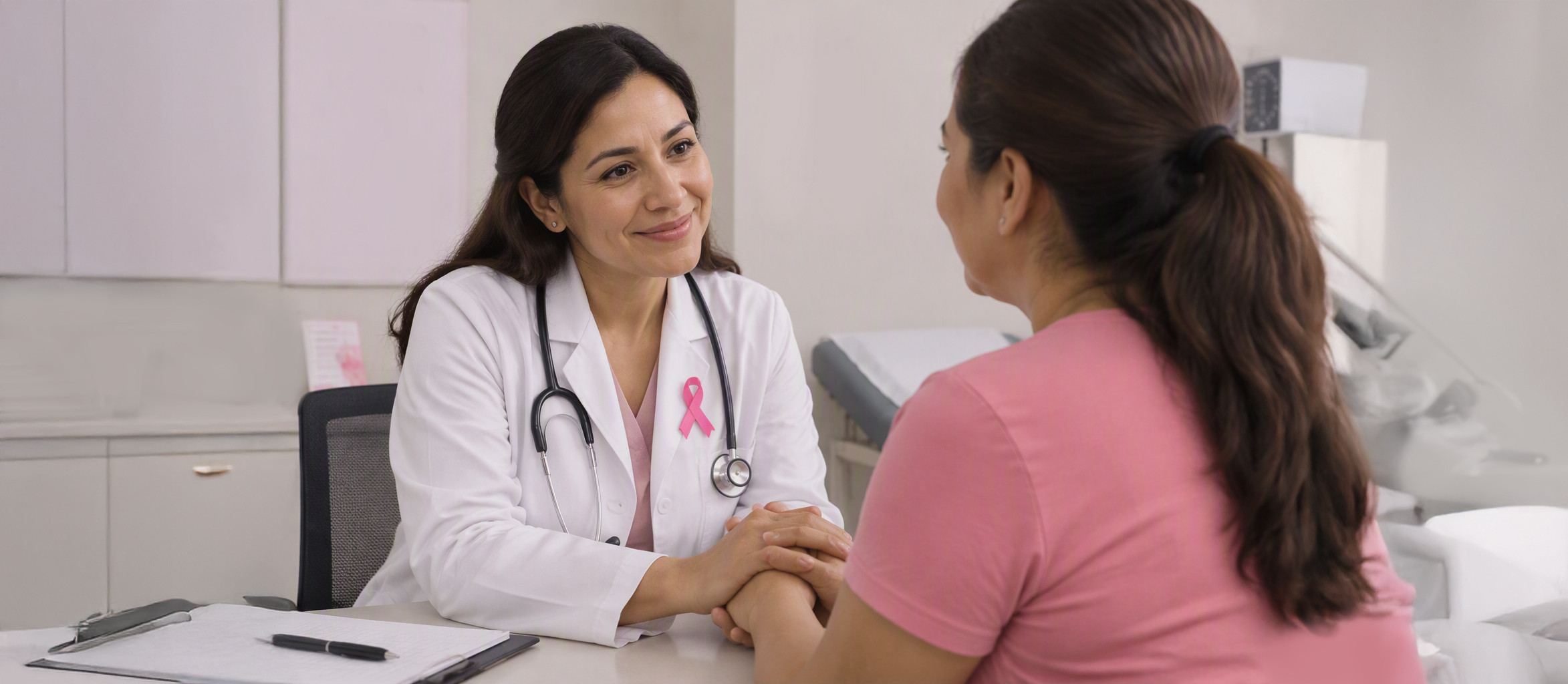 doctora realizando chequeo oncologico de un paciente de una clinica